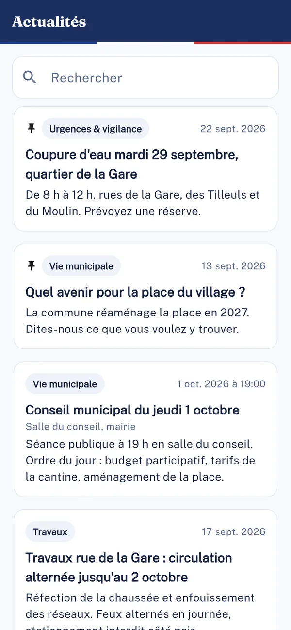 Les nouvelles de la commune — écran réel de l'application mobile Connectilys (Actu · Habitants).