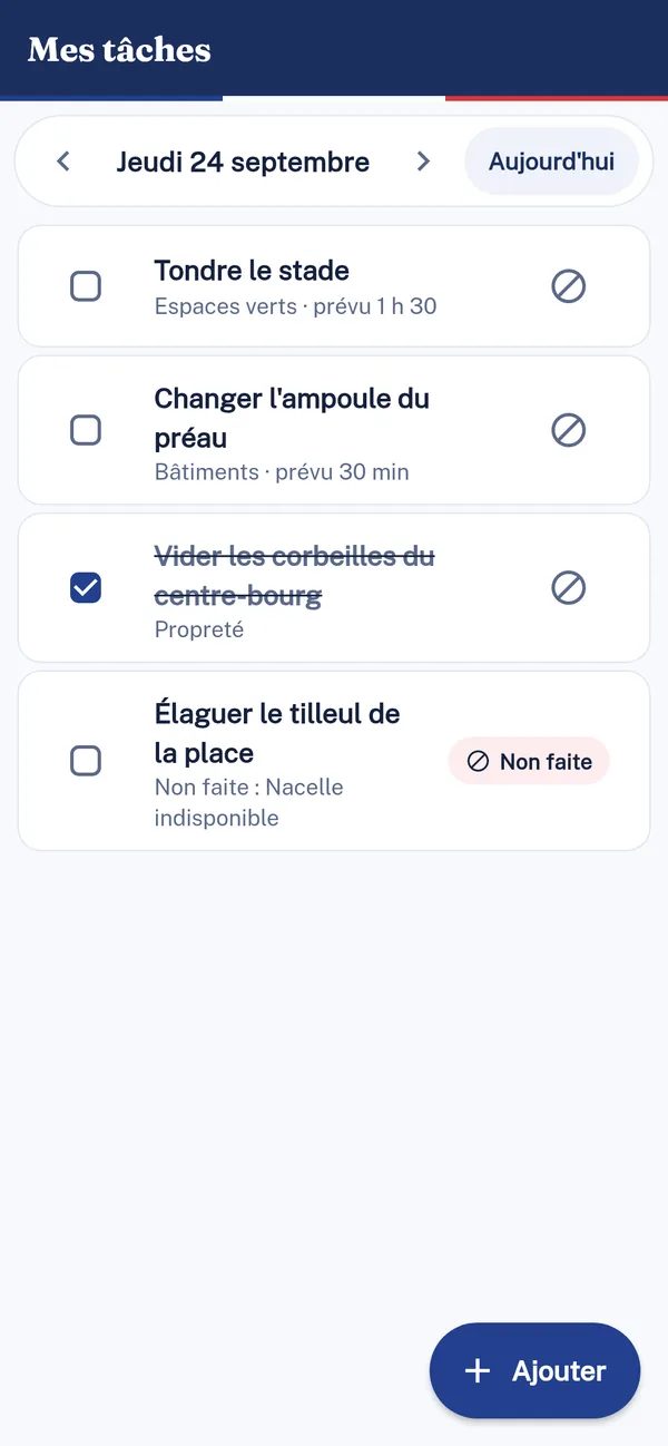 Les tâches du jour — écran réel de l'application mobile Connectilys (Agents · Terrain).