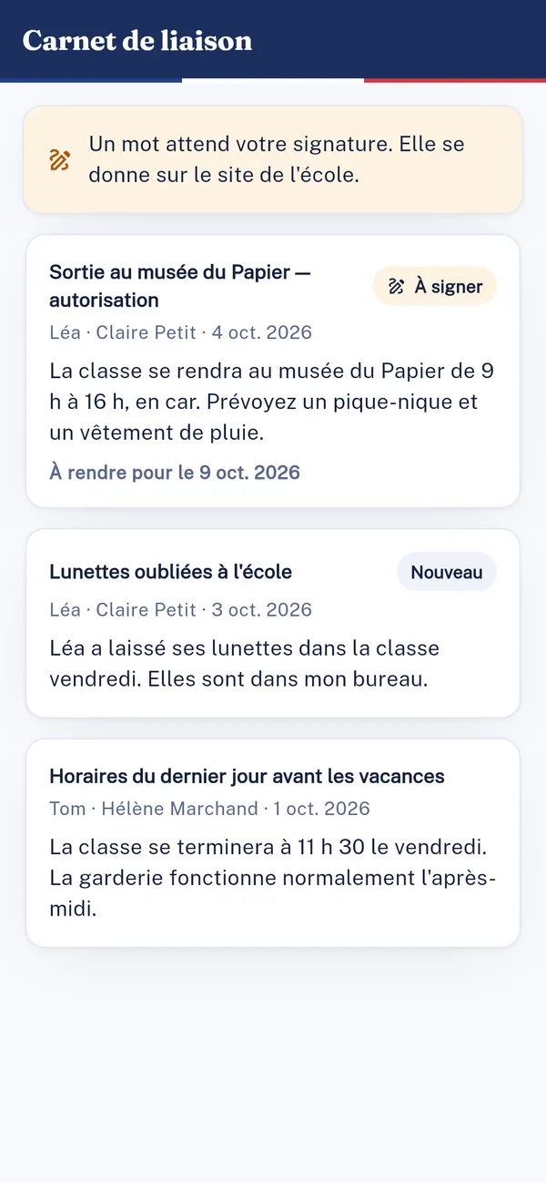 Le carnet de liaison — écran réel de l'application mobile Connectilys (École · Parents).