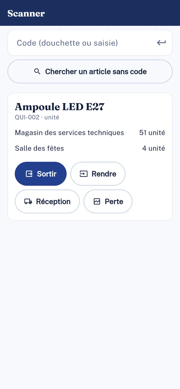 Le scan au magasin — écran réel de l'application mobile Connectilys (Stock · Magasin).