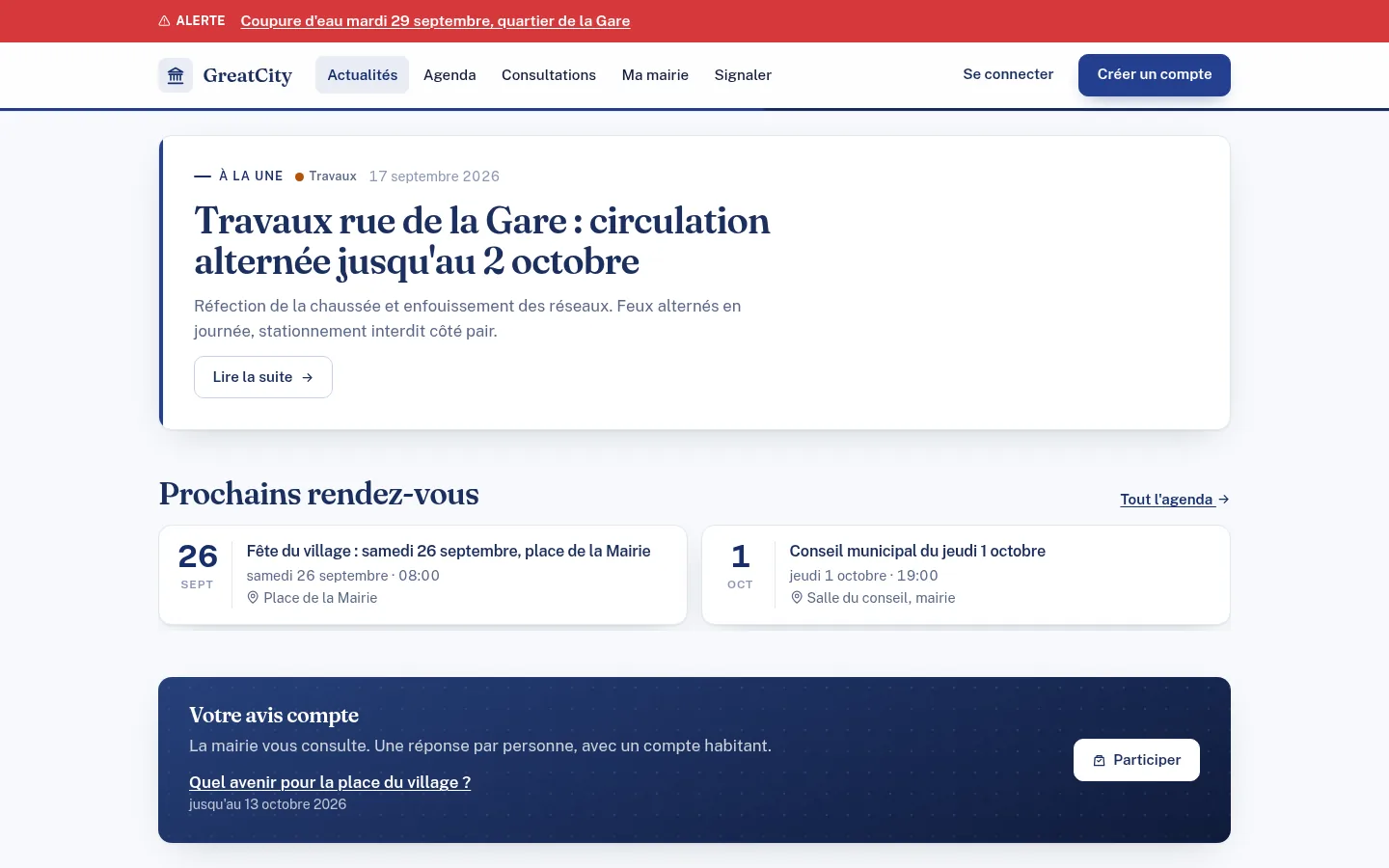 Actu, information des habitants : écran réel sur la commune de démonstration GreatCity.