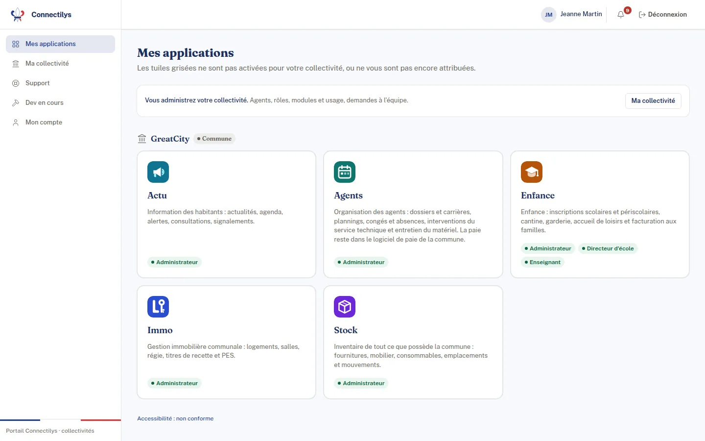 Le portail : une tuile par application, avec le rôle de l'agent, pour la commune de démonstration GreatCity.