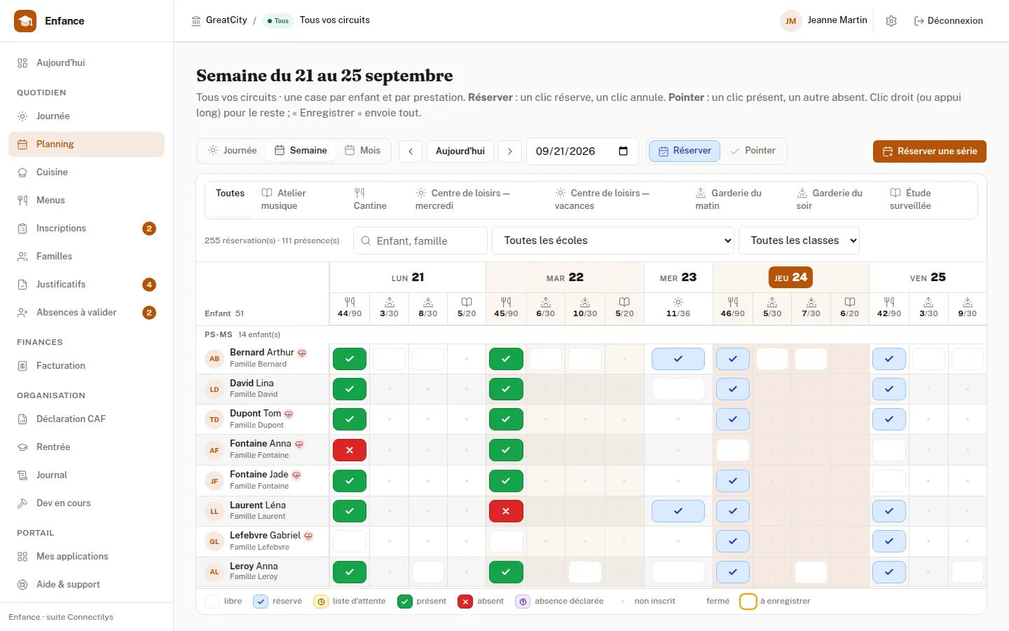 Enfance, cantine, garderie, périscolaire : écran réel sur la commune de démonstration GreatCity.